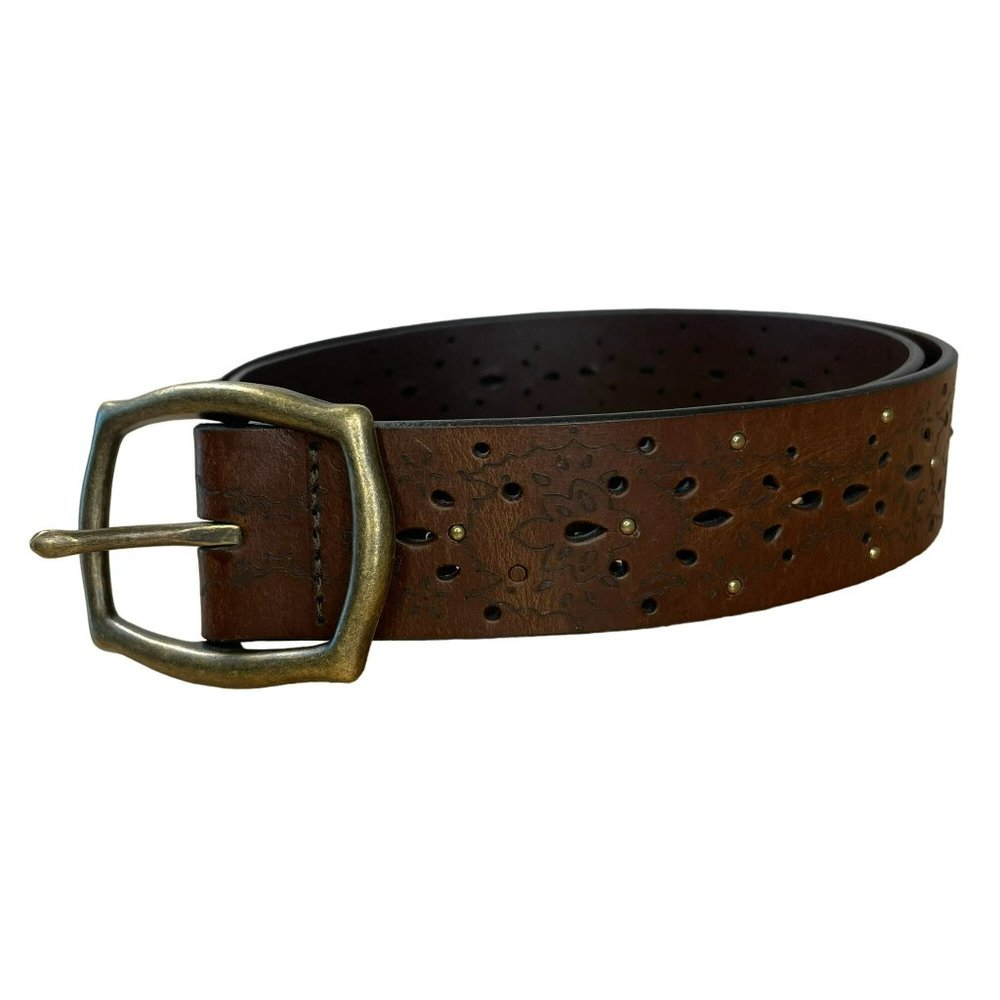 Laser Cut Leather Western Boho Belt Gold Studs Women L Brown Made in USA